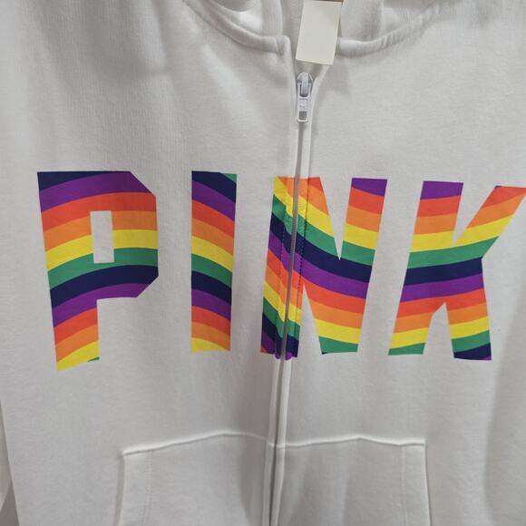 Victoria Secret PINK Hoodie Rainbow Logo XL White New Jacket - Picture 6 of 11